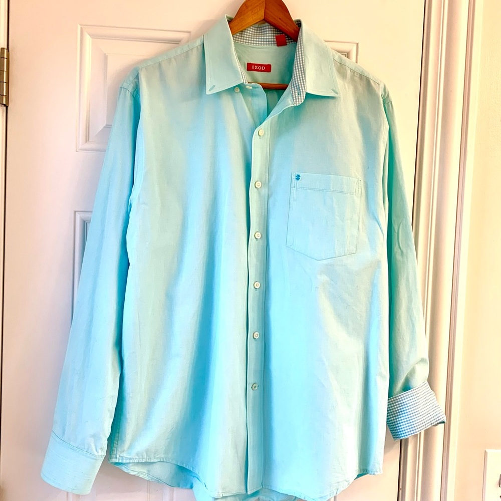 IZOD MENS BUTTON DOWN SHIRT SIZE L AQUA BLUE w/CONTRASTING CHECK CUFFS EUC!